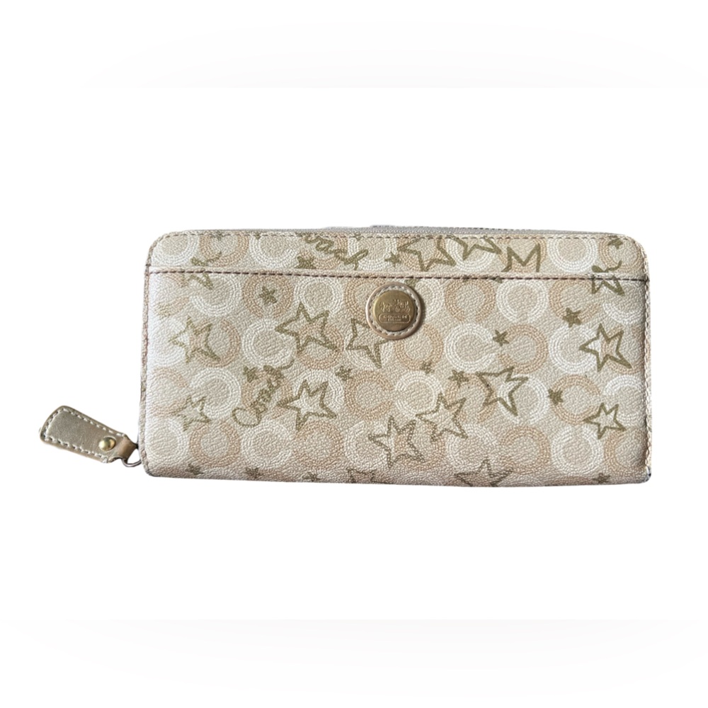Coach Waverly Snow Queen Signature Coated Canvas Gold Stars Zip Around Wallet